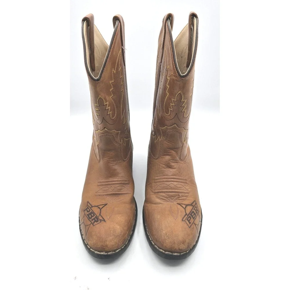 Old West Kids PBR Rodeo Tan Leather Cowboy Boots Toughest Sport on Dirt Size 3
